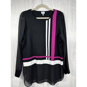 Ming Colorblock Tunic Sweater Black Pink White Sheer Sleeve Womens L Chic!!